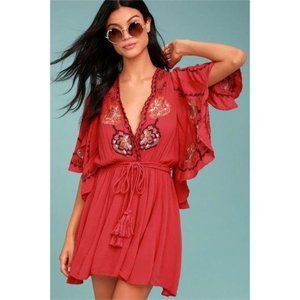 Free People Cora Coral Red Embroidered flutter sleeve beach summer Dress XS
